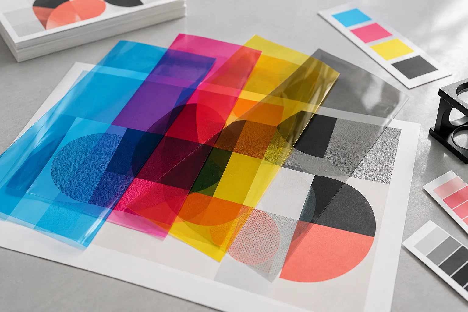 Przezroczyste arkusze w kolorach cyan, magenta, yellow i black nad geometrycznym projektem