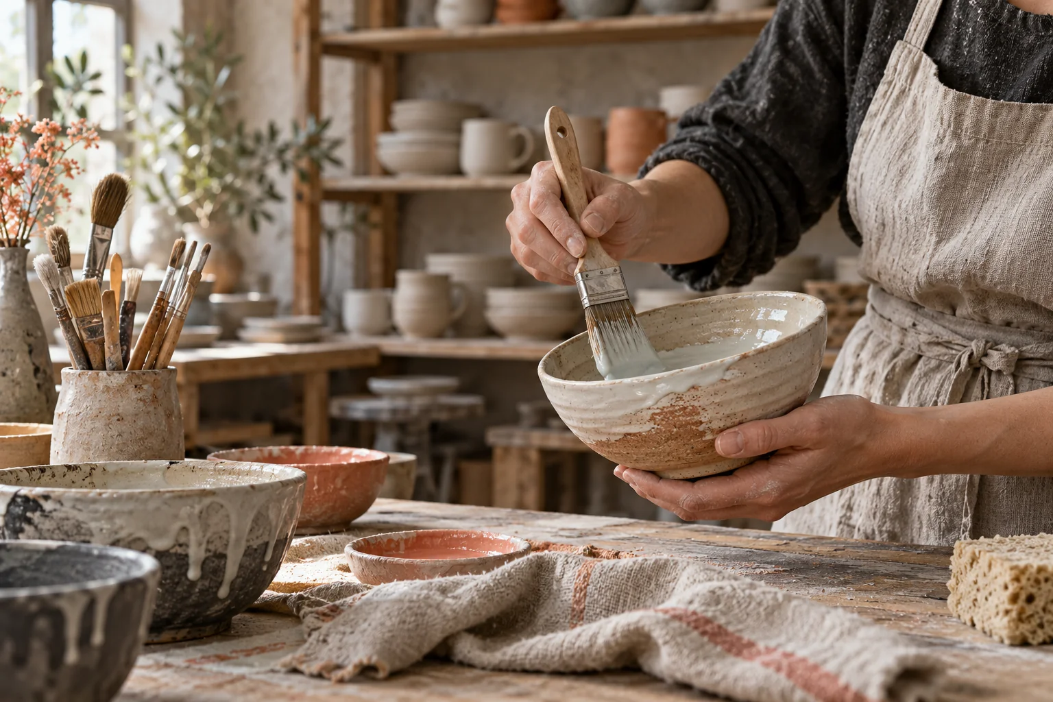 Dłonie rzemieślnika podczas pracy nad ceramiczną misą