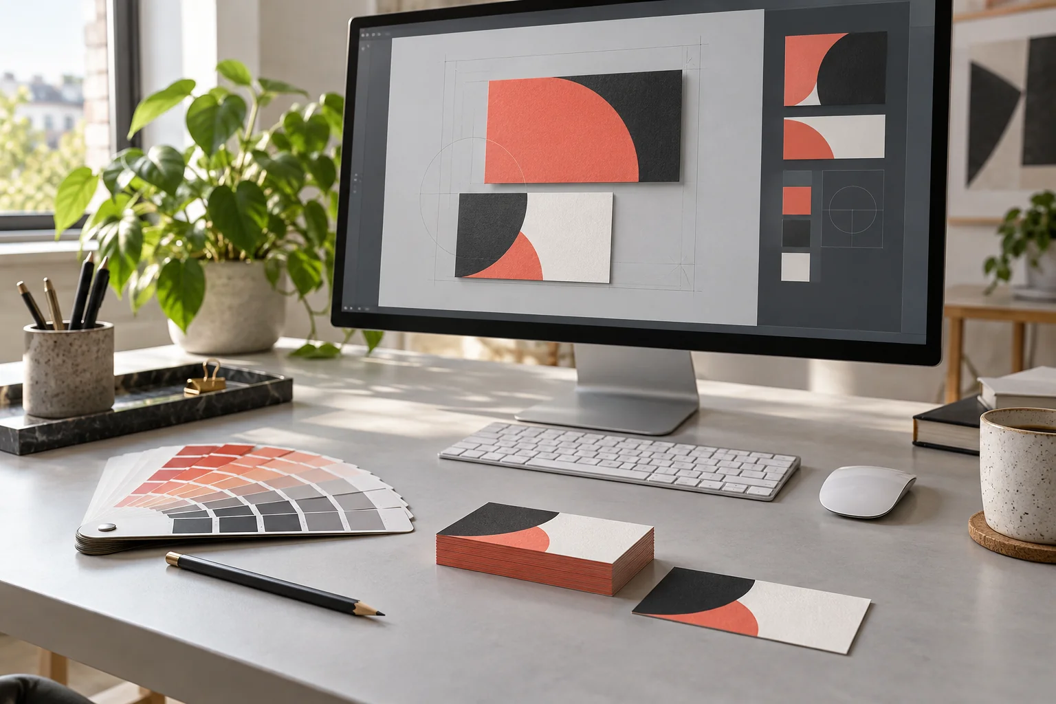 Stanowisko projektowe z geometryczną wizytówką na ekranie i papierowymi próbkami