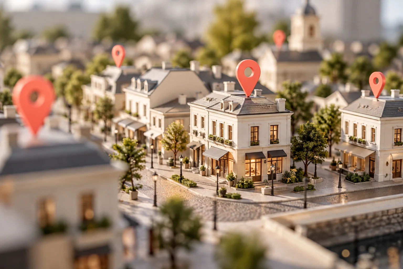 Miniaturowe budynki i punkty lokalizacji oglądane z różnych stron