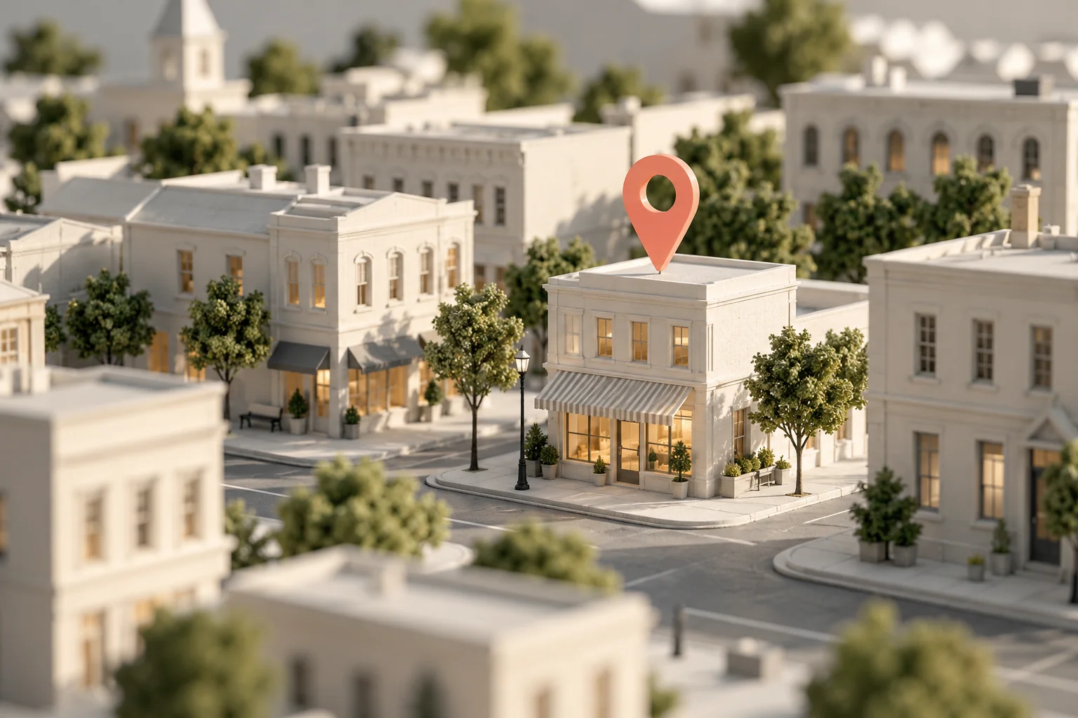 Miniaturowe jasne budynki i koralowy znacznik lokalizacji
