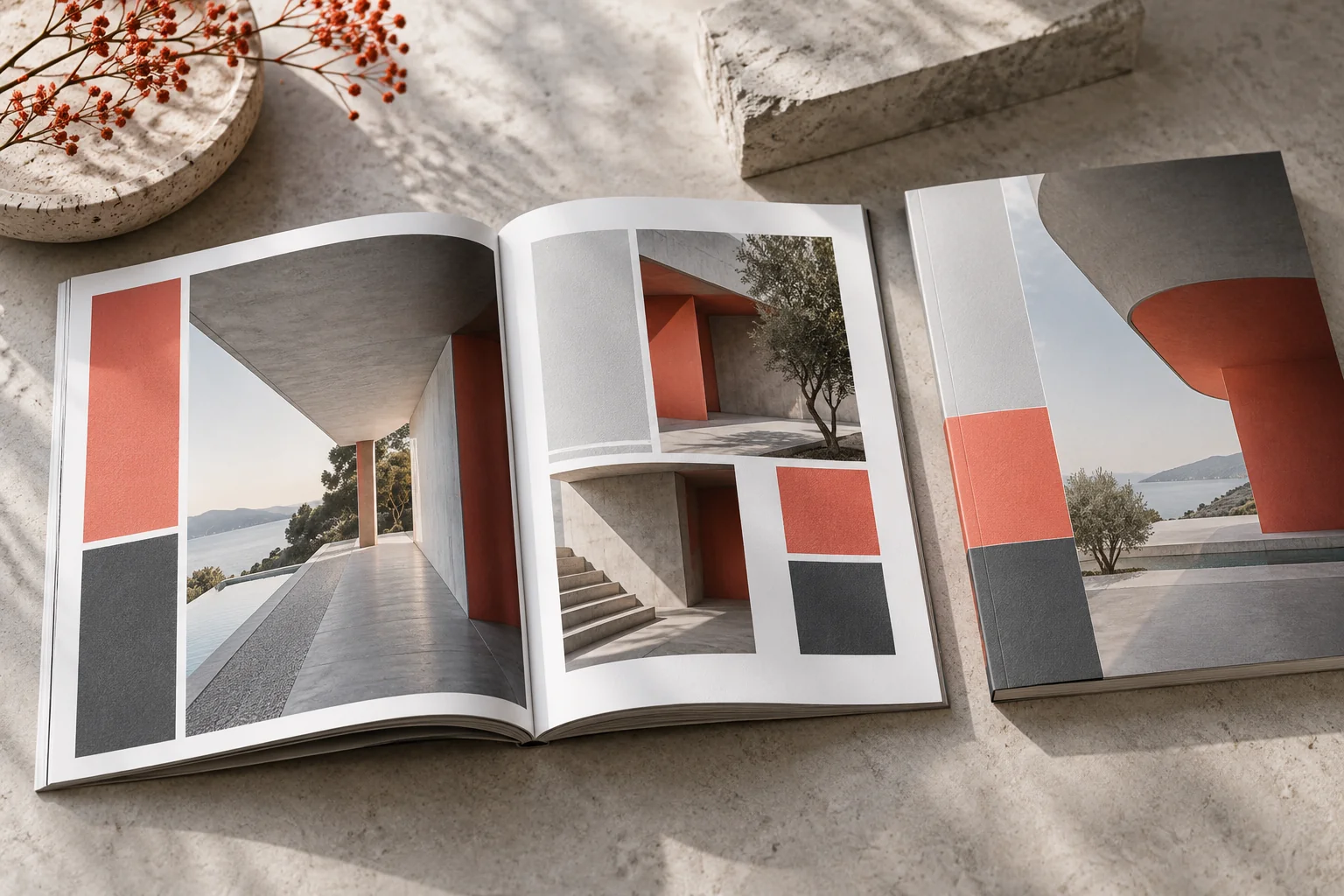 Otwarty katalog i zamknięta broszura z przykładowym układem graficznym