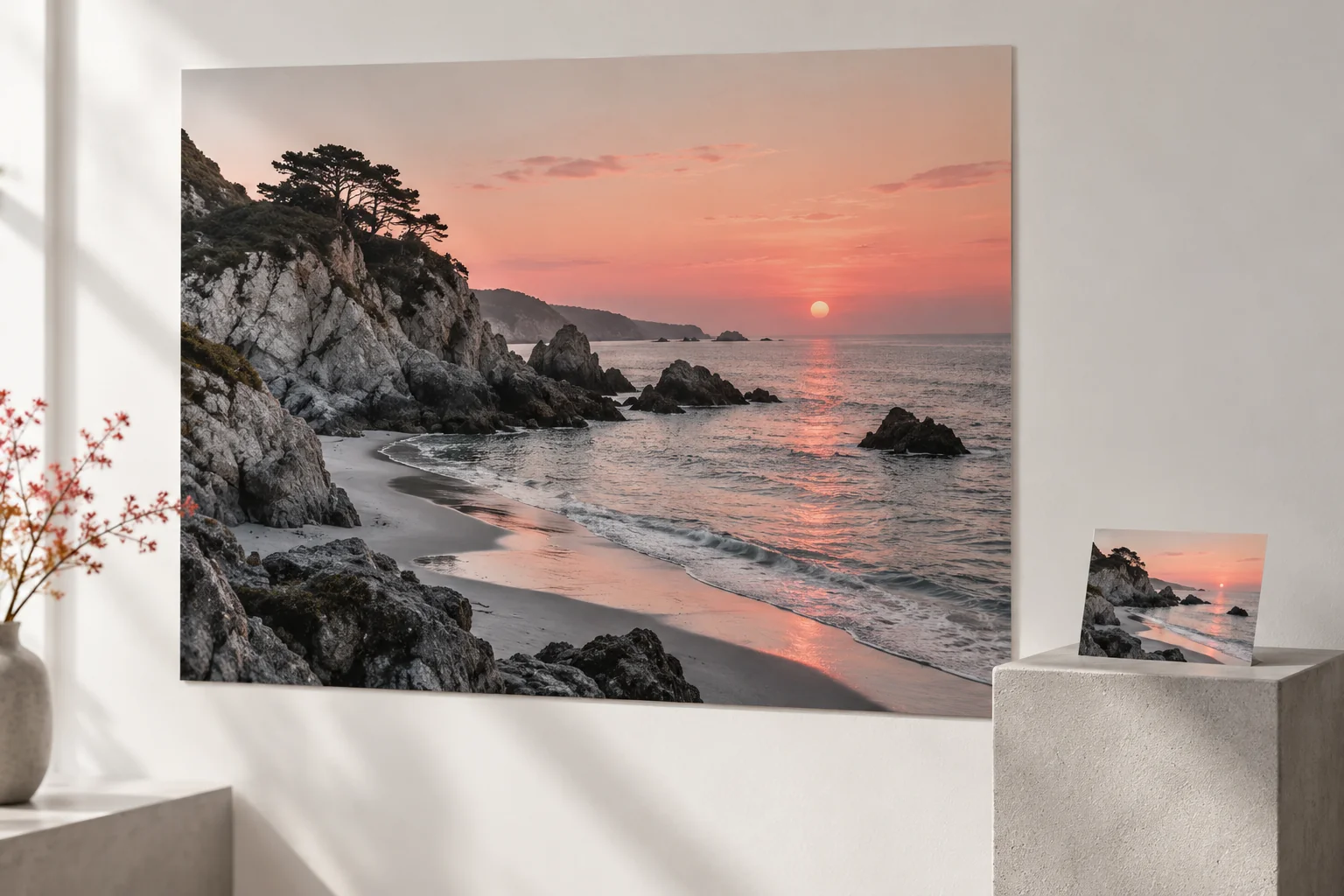 Duży plakat fotograficzny i mała pocztówka z podobnym krajobrazem