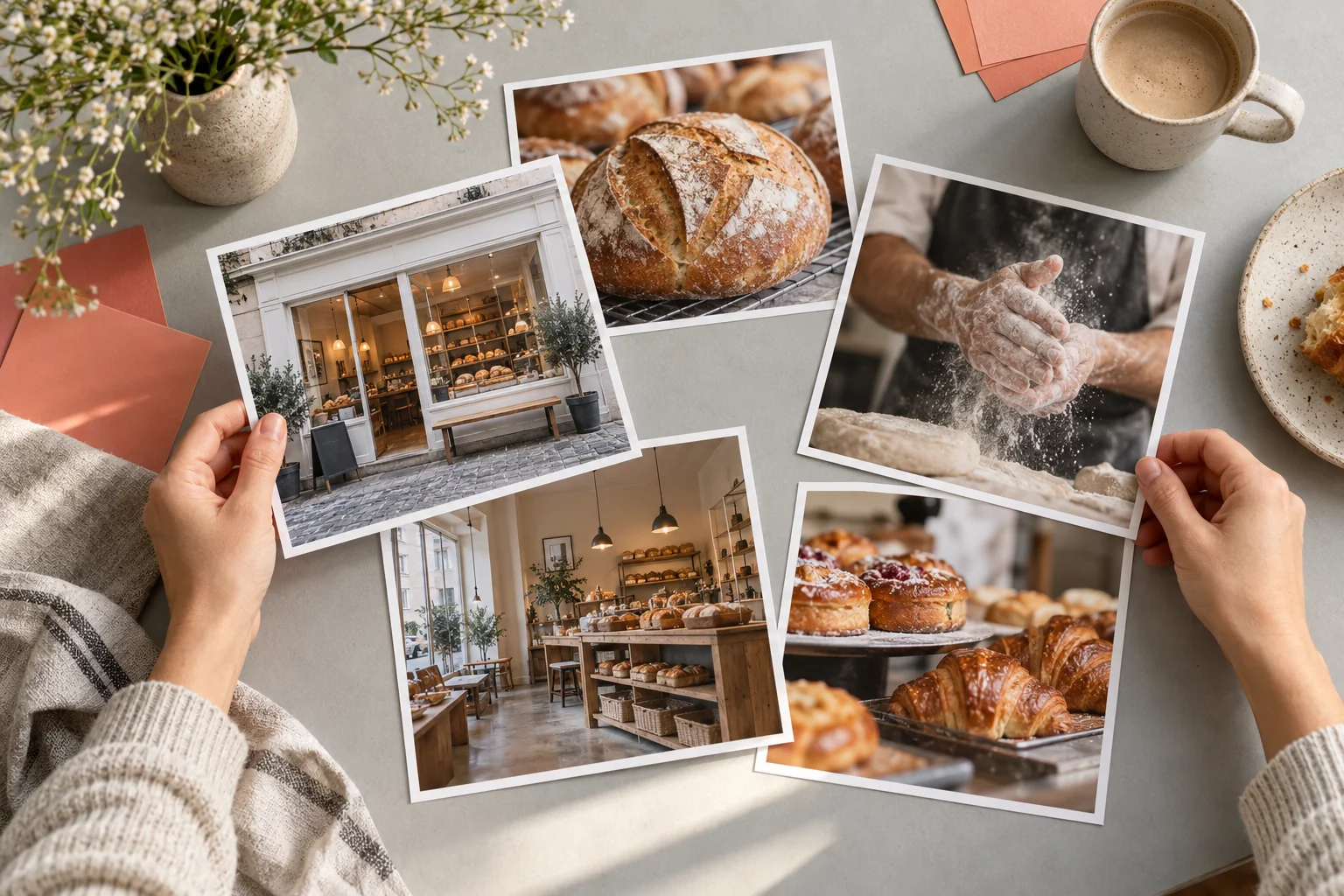Wybór papierowych fotografii wejścia, wnętrza i produktów piekarni