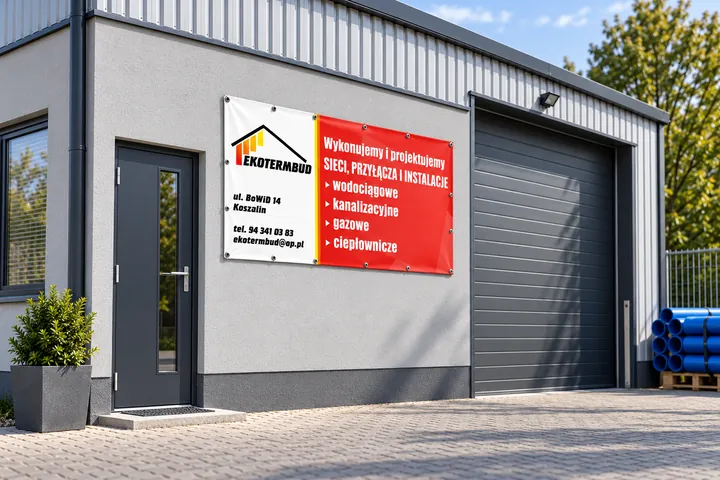 Baner reklamowy z oczkami na budynku — wizualizacja projektu Evolution