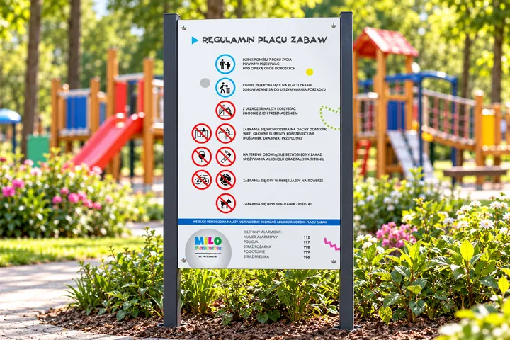 Tablica z regulaminem placu zabaw — wizualizacja projektu Evolution