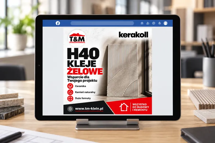 Hurtownia Budowlana T&M - profil firmowy na Facebooku — prezentacja grafiki na tablecie